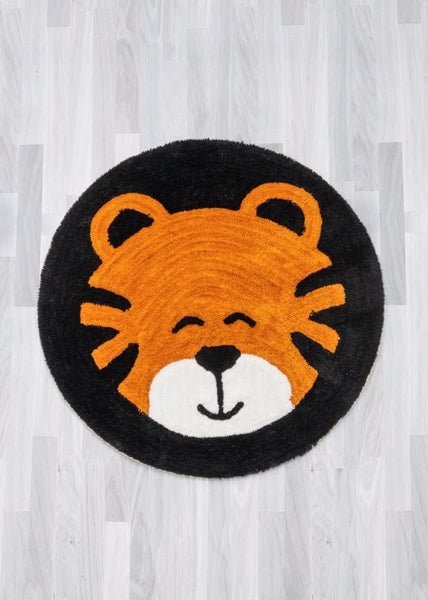 JUNG 4Living Teppich Kinderzimmer Tiger Ø 100cm rund, moderner Kinderteppich Schlafzimmer, Flor, Pflegeleicht, Waschbar, Mädchen