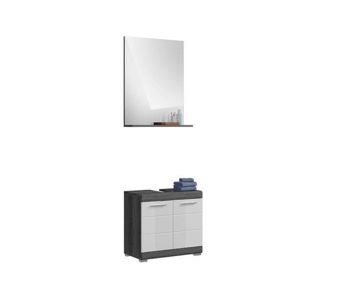 Badezimmermöbel-Set bestehend aus einem Wandspiegel mit Ablage und einem Unterschrank in dunkler Holzoptik mit weißen Fronten.