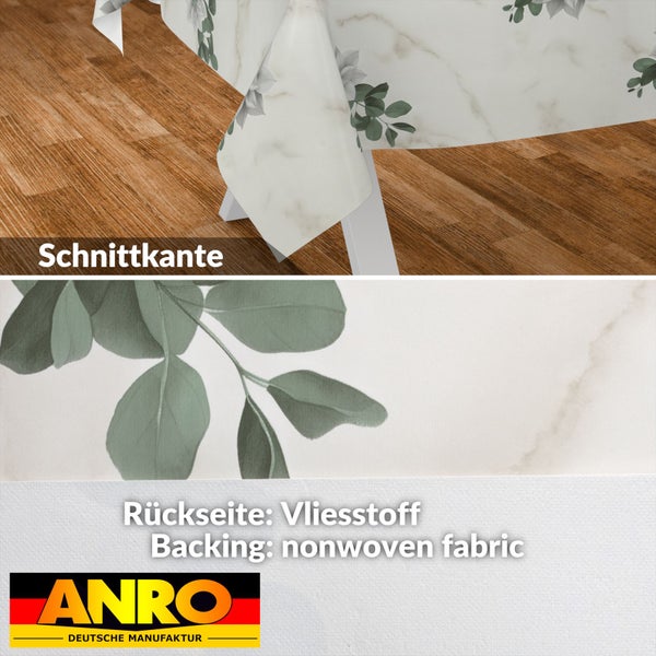 ANRO Wachstuch Tischdecke mit Marmor-Dekor und Blattmotiv, Schnittkante und Vliesstoff-Rückseite. ANRO Logo.