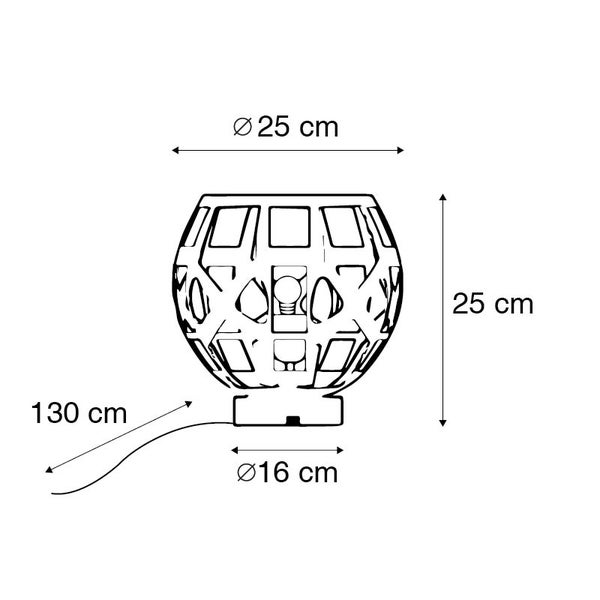 Skizze einer kugelförmigen Tischleuchte mit den Maßen 25 x 25 cm und einem Kabellänge von 130 cm.