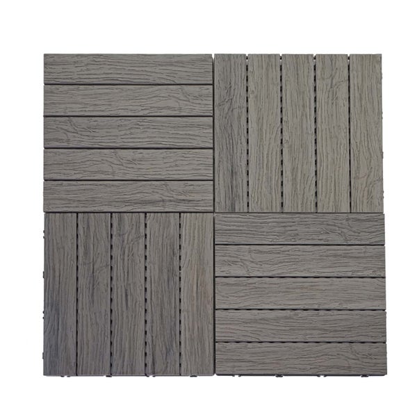 Terrassenfliese aus Holz-Kunststoff-Verbundwerkstoff in Holzoptik, grau, strukturiert.