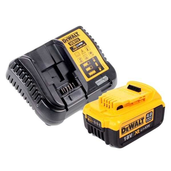 DeWalt Akku-Starter-Set mit Ladegerät DCB113 und einem Lithium-Ionen-Akku mit 18 Volt und 4,0 Amperestunden.