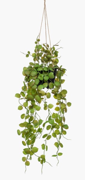 Künstliche Hängepflanze im schwarzen Topf mit einer Aufhängung aus Jute.