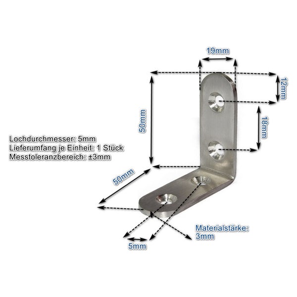 Winkelverbinder aus Metall mit Maßangaben für eine Schenkellänge von 50 Millimeter und einer Materialstärke von 3 Millimeter.
