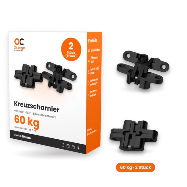 Set aus zwei verdeckten Kreuzscharnieren aus Edelstahl, belastbar bis 60 Kilogramm, 180 Grad Öffnungswinkel, für den Innen- und Außenbereich.