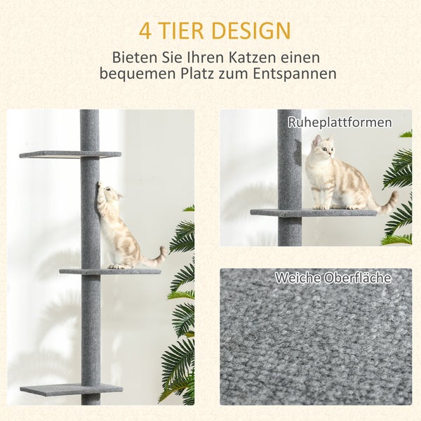PawHut Kratzbaum Deckenhoch, 228-260 cm Höhenverstellbarer Katzenbaum Kletterbaum für Katzen mit 3 Ebenen, Katzenkratzbaum, Spielbaum vom Boden bis zur Decke Grau