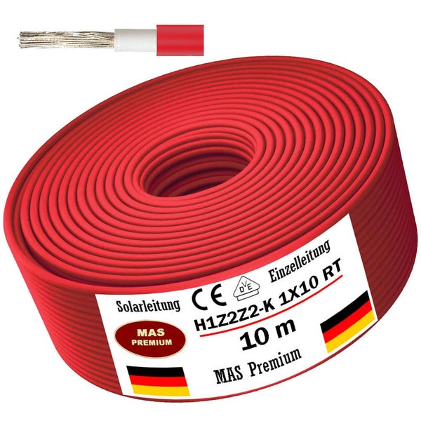 10 Meter rote MAS Premium Solarleitung H1Z2Z2-K 1x10, einadriges Kabel für Photovoltaikanlagen mit abisoliertem Ende.