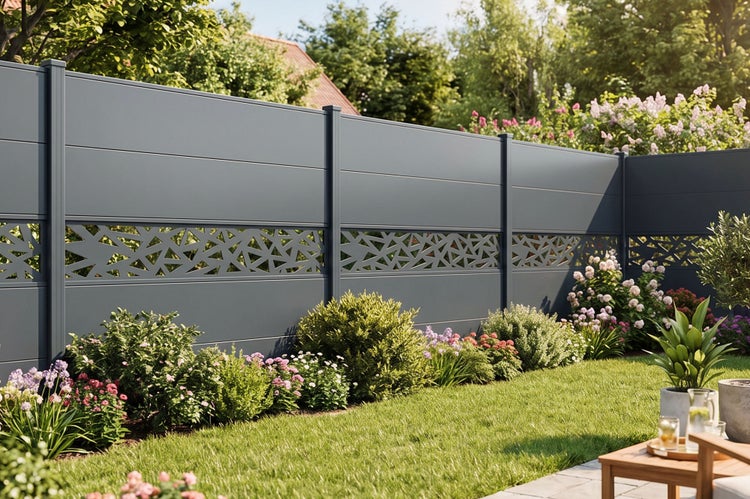 Moderner Sichtschutzzaun aus Metall mit dekorativen geometrischen Designelementen in einem gepflegten Garten mit Blumenbeeten und Rasen.