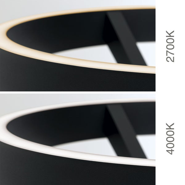 Detailaufnahme einer schwarzen LED-Leuchte mit Farbtemperaturvergleich von 2700 Kelvin und 4000 Kelvin