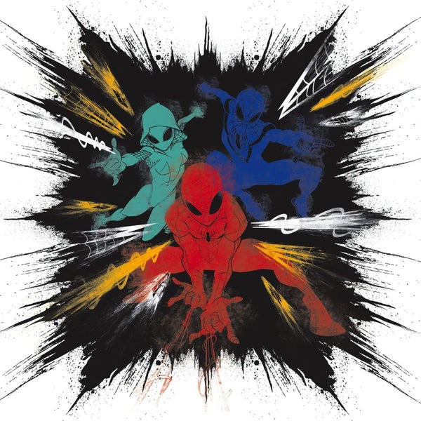 Illustration mit drei Spider-Man-Figuren in verschiedenen Posen