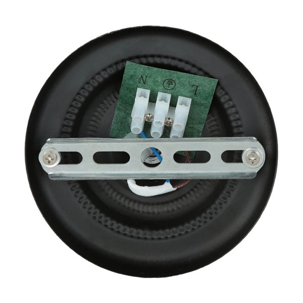 Detailansicht einer schwarzen Deckenhalterung mit Anschlussklemmen und Befestigungsmaterial