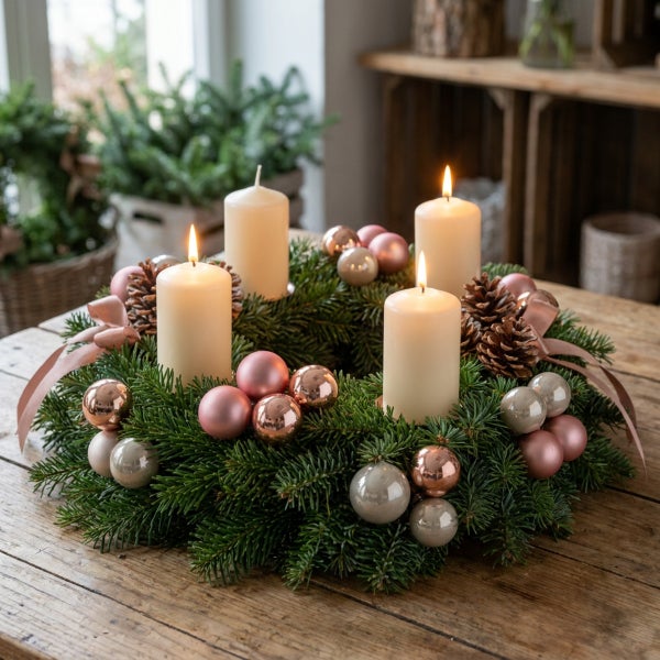 Adventskranz aus Tannenzweigen dekoriert mit vier brennenden Stumpenkerzen, glänzenden Weihnachtskugeln, Zapfen und Stoffschleifen auf Holztisch.