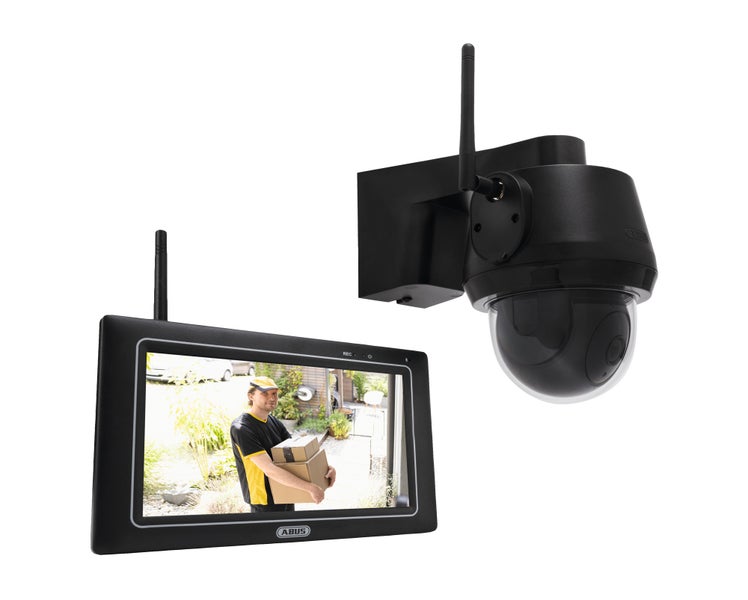 ABUS Funk-Videoüberwachungsset mit schwenkbarer Außenkamera und Monitor, der einen Paketlieferanten vor dem Haus zeigt.
