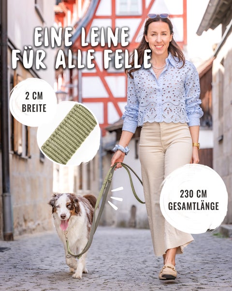 Frau mit Hund an der Leine, Text: Stilvoller Alltagsbegleiter, Design trifft auf Komfort