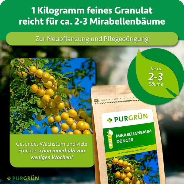 Eine Packung Purgrün Mirabellenbaum Dünger mit ein Kilogramm Inhalt für zwei bis drei Bäume zur Neupflanzung und Pflegedüngung.