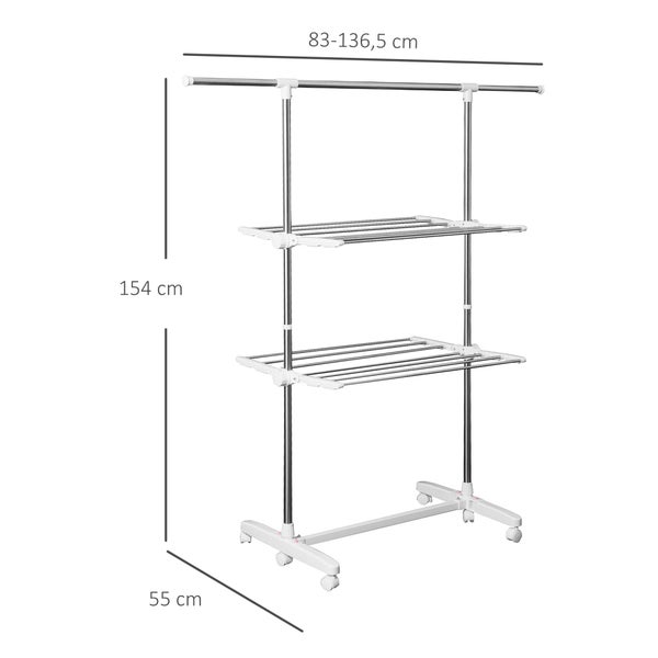 HOMCOM Turmwäscheständer ausziehbar Standtrockner mit 3 Ebenen, klappbare Flügel, Rollen, Wäschetrockner für Innen und Außen, Weiß, 83-136,5 x 45,5 x 154 cm