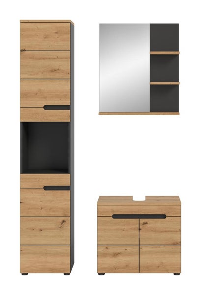 Badezimmermöbel-Set in Eichenoptik mit anthrazitfarbenen Akzenten, bestehend aus Hochschrank, Spiegel mit Regalen und Waschtischunterschrank.