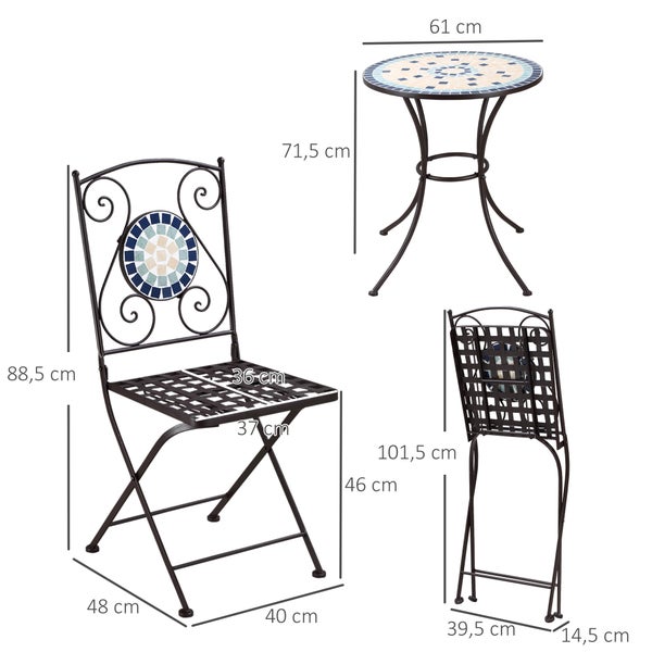Outsunny 3tlg. Gartenmöbel-Set, inkl. 1 Tisch, 2 klappbaren Stühlen mit Mosaiksteinen, 61L x 61B x 71,5H cm, Metall, Blau+Grün+Gelb