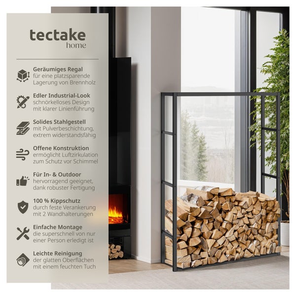 Tectake Home Logo. Stabiles, offenes Kaminholzregal aus Stahl im Industrial-Design neben einem Kamin in einem hellen Wohnzimmer mit Waldblick.