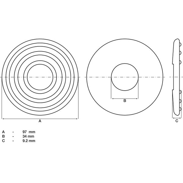 Technische Zeichnung einer Rosette mit Abmessungen: Außendurchmesser 97 Millimeter, Innendurchmesser 34 Millimeter, Höhe 9,2 Millimeter.