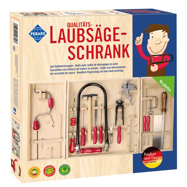 Pebaro Laubsägeschrank aus Holz mit umfangreichem Stahlwerkzeug Set für Kinder inklusive Laubsägebohrer Hammer Feile und Schraubstock