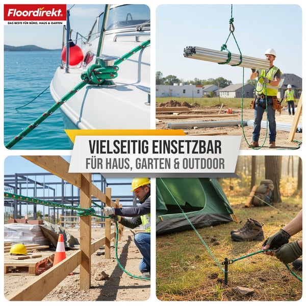 Collage, die verschiedene Anwendungen eines Seils für Haus, Garten und Outdoor zeigt