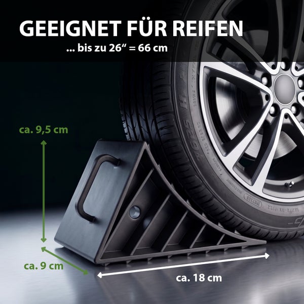Unterlegkeil mit Griff für Autoreifen bis zu 26 Zoll oder 66 Zentimeter, Abmessungen 18 mal 9 mal 9,5 Zentimeter.