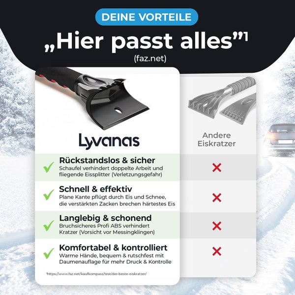 LYVANAS Eiskratzer Auto TESTSIEGER 2025* - Ergonomischer Profi Scheibenkratzer Auto schnell & stark - Effizienter & sicherer Schneekratzer Auto aus Premium ABS - Kratzer Auto Zubehör schont langlebig