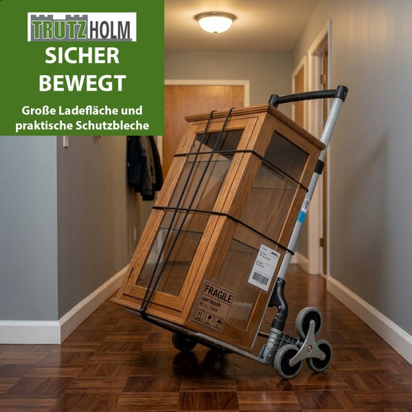 Möbeltransportkarre mit Treppensteigerfunktion und einem Holzschrank im Flur