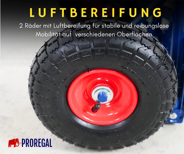 Rad mit Luftbereifung und tiefem Profil für stabile Mobilität auf verschiedenen Oberflächen, ProRegal Logo.