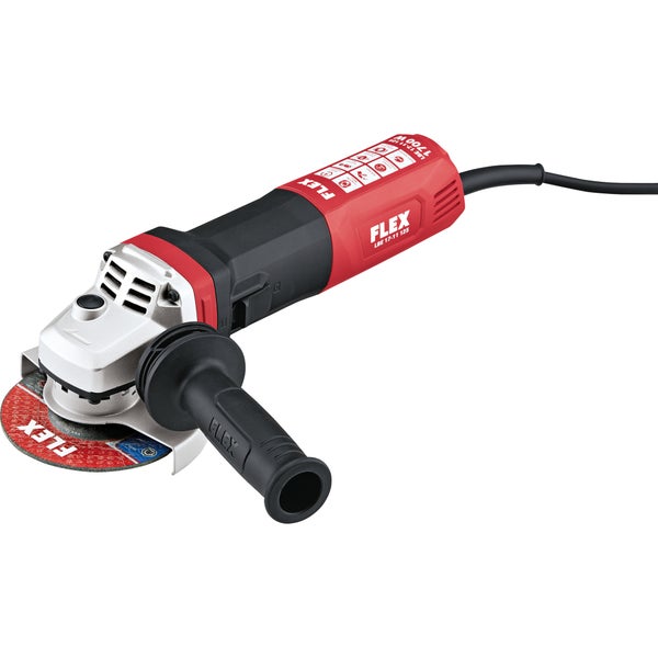 Winkelschleifer FLEX LBE 17-11 125 mit einer Leistung von 1700 Watt, mit Zusatzhandgriff und Trennscheibe.