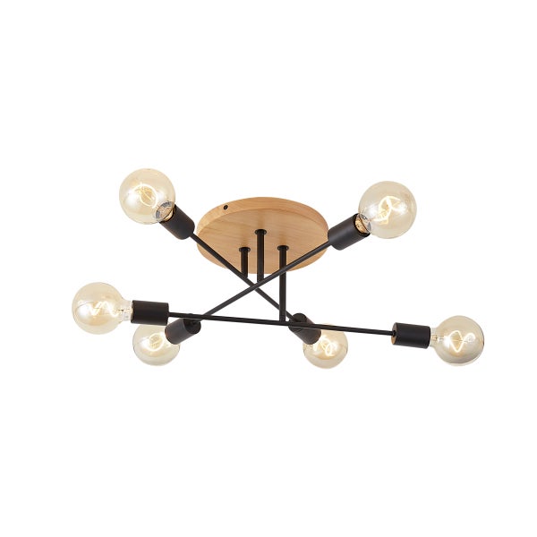 Moderne Deckenleuchte mit fünf Lichtquellen, Holz-Deckenbefestigung und schwarzen Metallarmen mit Glühbirnen.