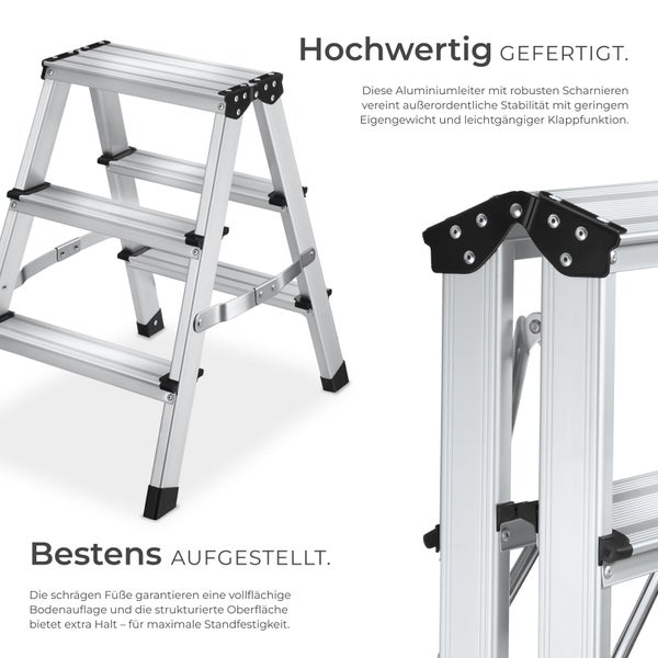 Dreistufige Klappleiter aus Aluminium mit robusten Scharnieren, rutschfesten Füßen und geriffelten Stufen für sicheren Stand.