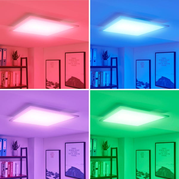 Quadratisches LED-Panel in einem Raum, das verschiedene RGB-Farben wie Rot, Blau, Violett und Grün zeigt.