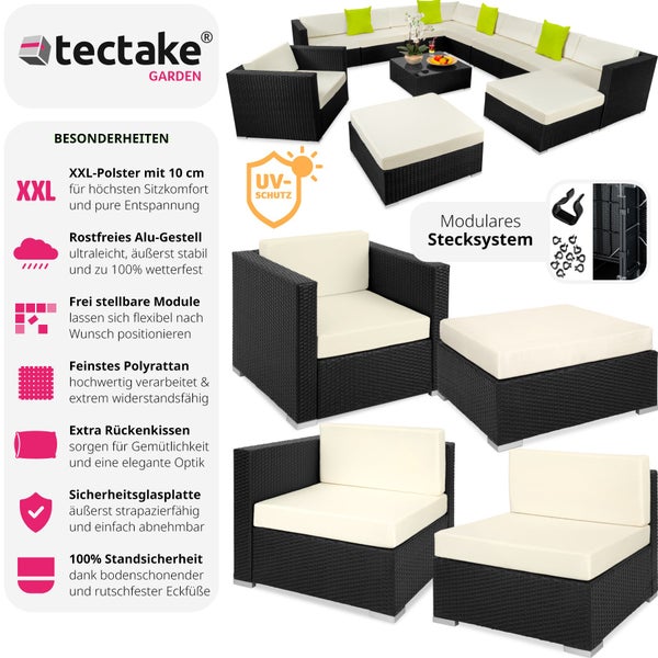 Rattan Lounge tectake Las Vegas mit Sicherheitsglasplatte mit Aluminiumgestell schwarz