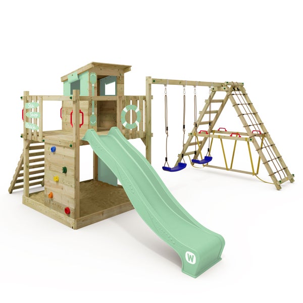 WICKEY Spielturm Klettergerüst Smart Surf mit Schaukel und Rutsche, Kletterturm mit Sandkasten, Leiter und Spiel-Zubehör – pastellgrün