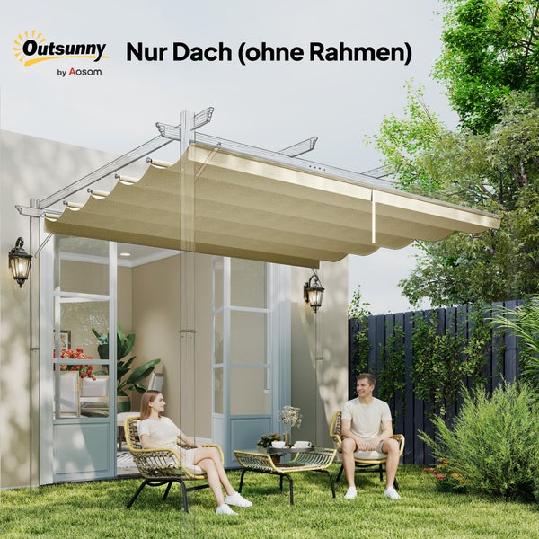 Outsunny Ersatzdach für Pergola aus Stoff in Beige, montiert an einer Wand über einer Sitzgruppe auf einem hellen Rasen. Ohne Rahmen.