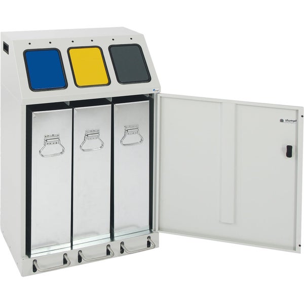 Mülltrennsystem mit drei Fächern aus Metall, geöffnete Fronttür zeigt verzinkte Innenbehälter und farbige Einwurfklappen.