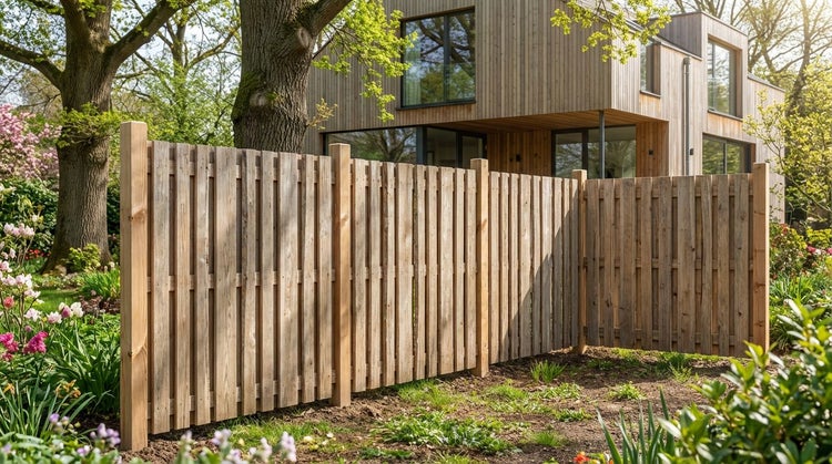 Holzzaun im Garten mit modernem Wohnhaus im Hintergrund