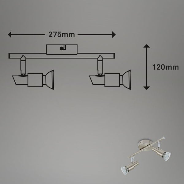Maßzeichnung eines 2-flammigen Deckenstrahlers, Breite 275 Millimeter, Höhe 120 Millimeter.