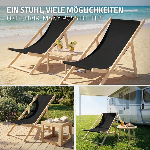 Holz-Liegestuhl mit schwarzem Stoff in verschiedenen hellen Außenszenarien: am Strand, im Garten und beim Camping neben einem Wohnmobil.