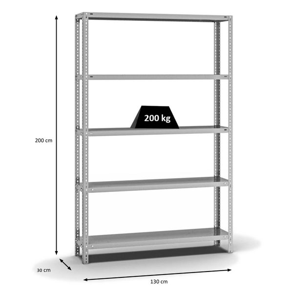 PROREGAL Fachbodenregal Schraubsystem Medium-Duty Grundregal HxBxT 200 x 130 x 30 cm 5 Ebenen Fachlast 200 kg Beidseitig Nutzbar Verzinkt