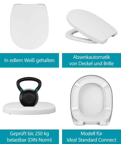 Calmwaters WC-Sitz für Ideal Standard Connect | Toilettensitz Absenkautomatik | Duroplast | Take-Off & Top-Fix | Überlappend | Edelstahlscharnier | Made in EU | Weiß | 26LP6261