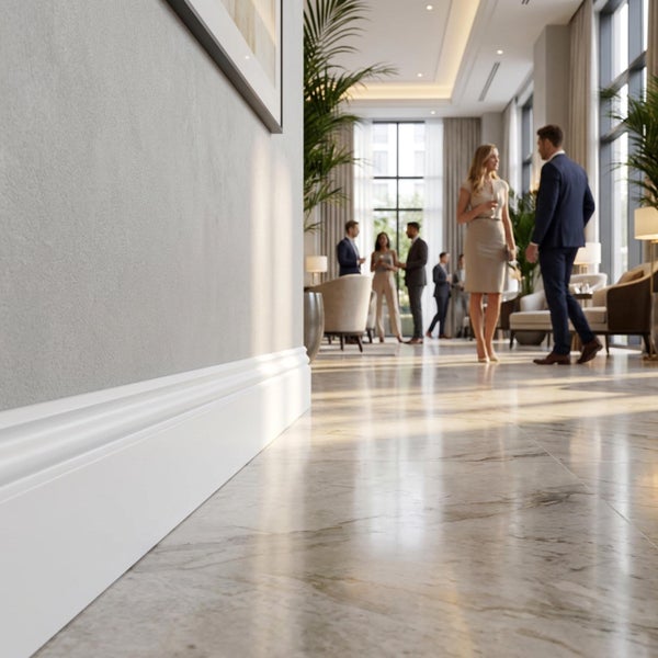 Weiße profilierte Sockelleiste an einer Wand in einem modernen Hotel-Lobby-Bereich mit Marmorboden und Personen im Hintergrund.