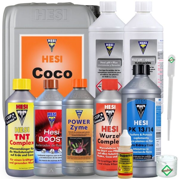 Set aus Hesi Pflanzendüngern und Zusätzen für Kokos-Substrate in verschiedenen Flaschengrößen, inklusive Pipette und Messbecher.
