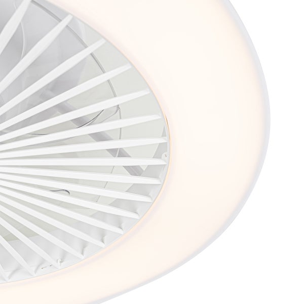 Deckenventilator mit Licht, weißen Kunststofflamellen und transparenten Flügeln in Nahaufnahme.