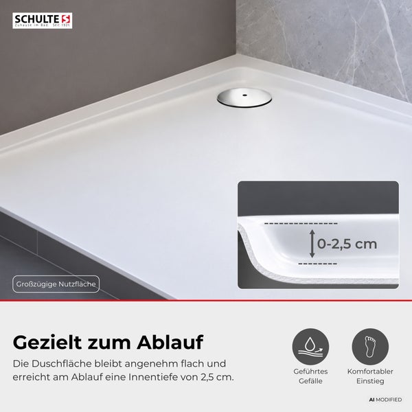 Schulte Logo und flache Duschwanne mit integriertem Ablauf, Darstellung der Innentiefe von 2,5 Zentimeter für bequemen Einstieg.