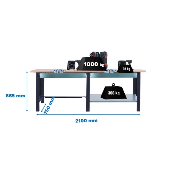 Werkbank BUFFALO WOOD mit 2x Schublade| HxBxT 86,5x210x75cm | Traglast 1000kg | Anthrazit