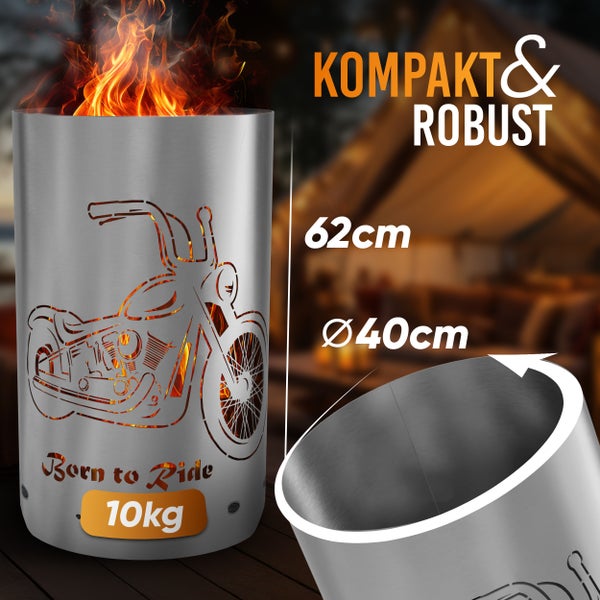 Feuerstelle aus Stahl mit Motorrad-Motiv, Durchmesser 40 cm, Höhe 62 cm, Gewicht 10 kg