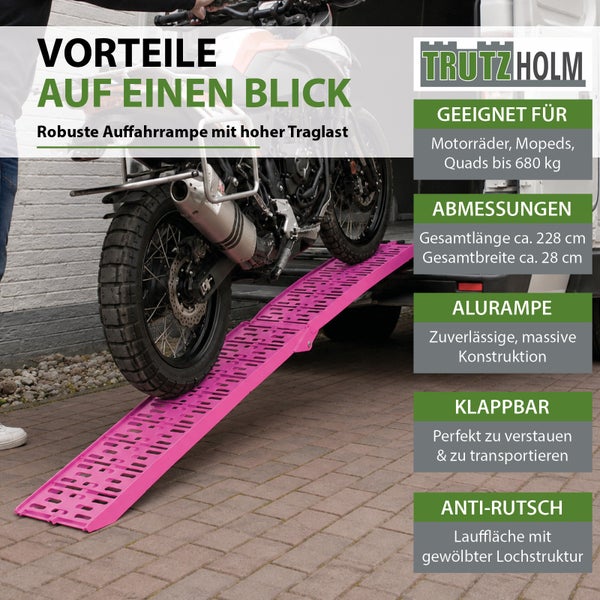 Trutzholm klappbare Aluminium Auffahrrampe für Motorräder mit rutschfester Lochstruktur, Traglast bis 680 Kilogramm, Länge 228 Zentimeter.